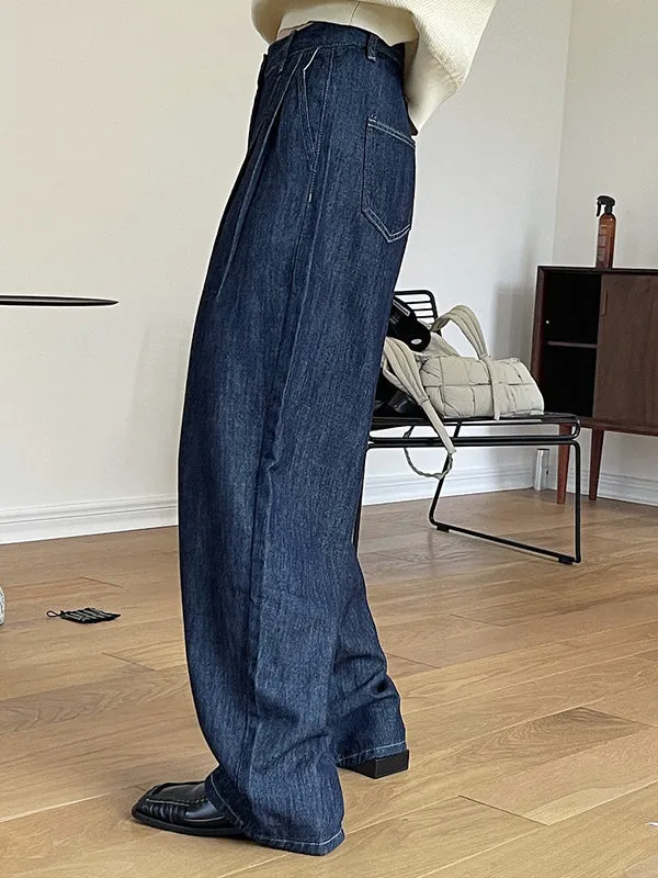 Casual Loose Wide Leg Pleated Jean Pants Bottoms