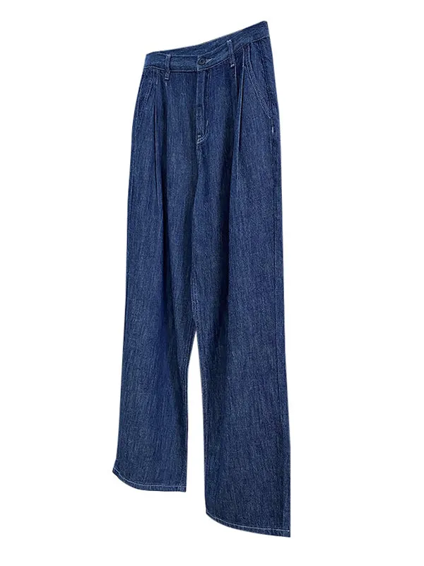 Casual Loose Wide Leg Pleated Jean Pants Bottoms