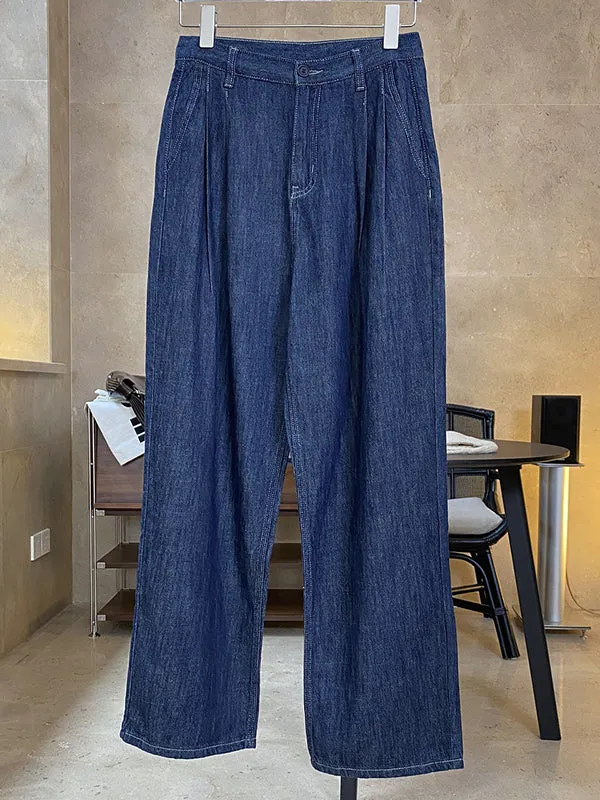 Casual Loose Wide Leg Pleated Jean Pants Bottoms
