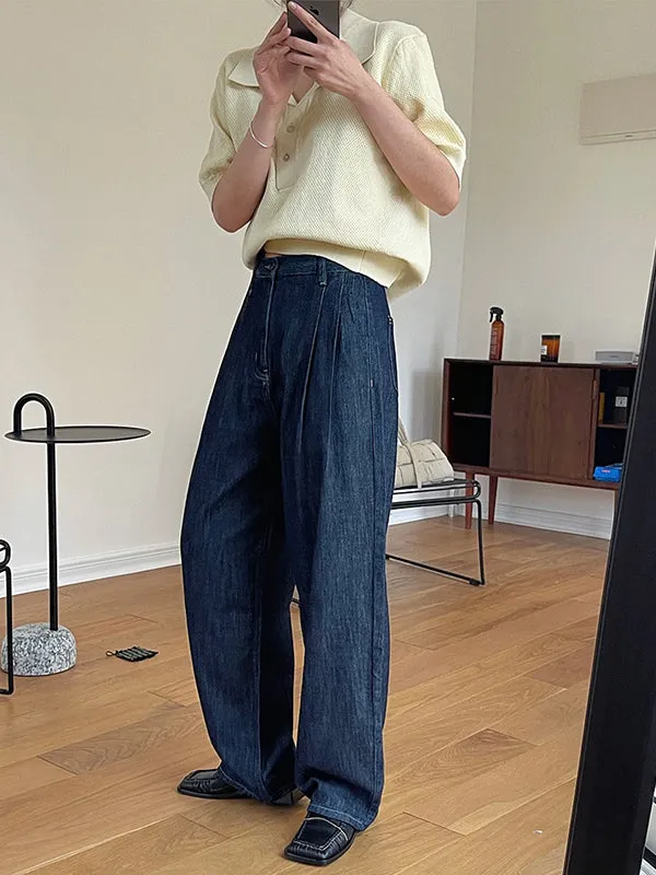 Casual Loose Wide Leg Pleated Jean Pants Bottoms