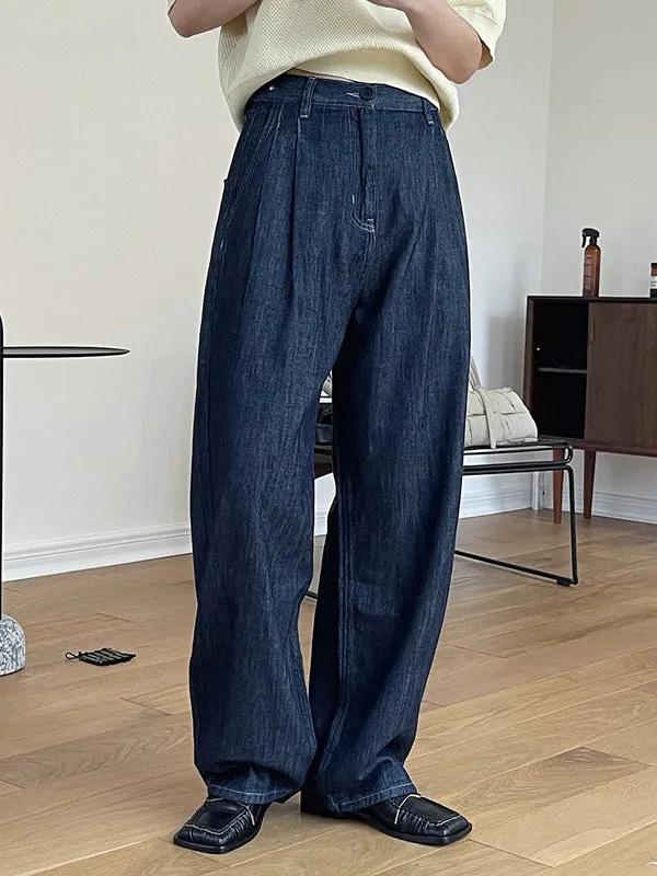 Casual Loose Wide Leg Pleated Jean Pants Bottoms