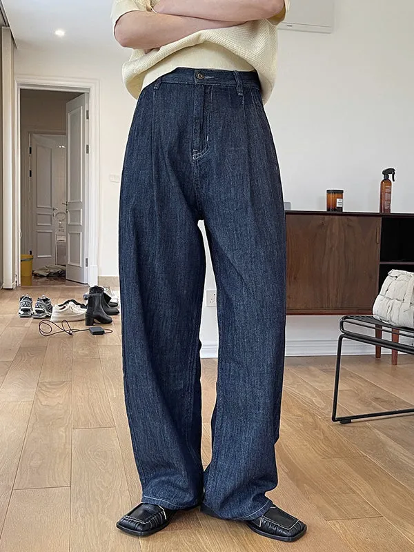 Casual Loose Wide Leg Pleated Jean Pants Bottoms