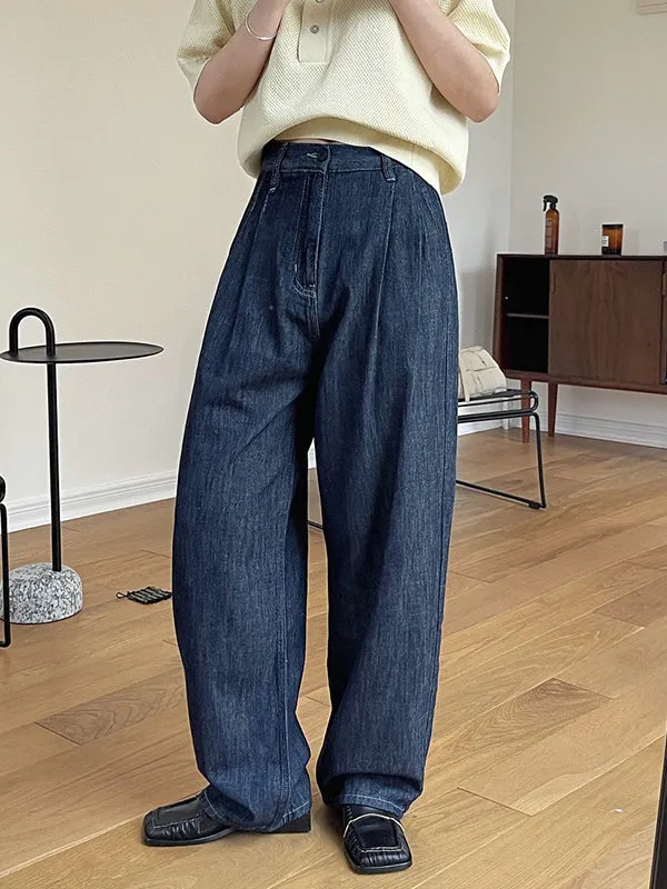Casual Loose Wide Leg Pleated Jean Pants Bottoms
