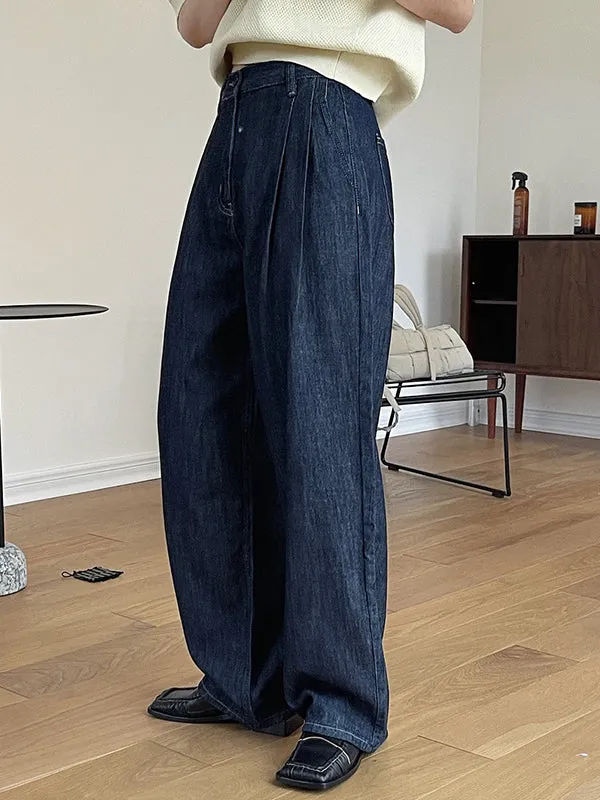 Casual Loose Wide Leg Pleated Jean Pants Bottoms