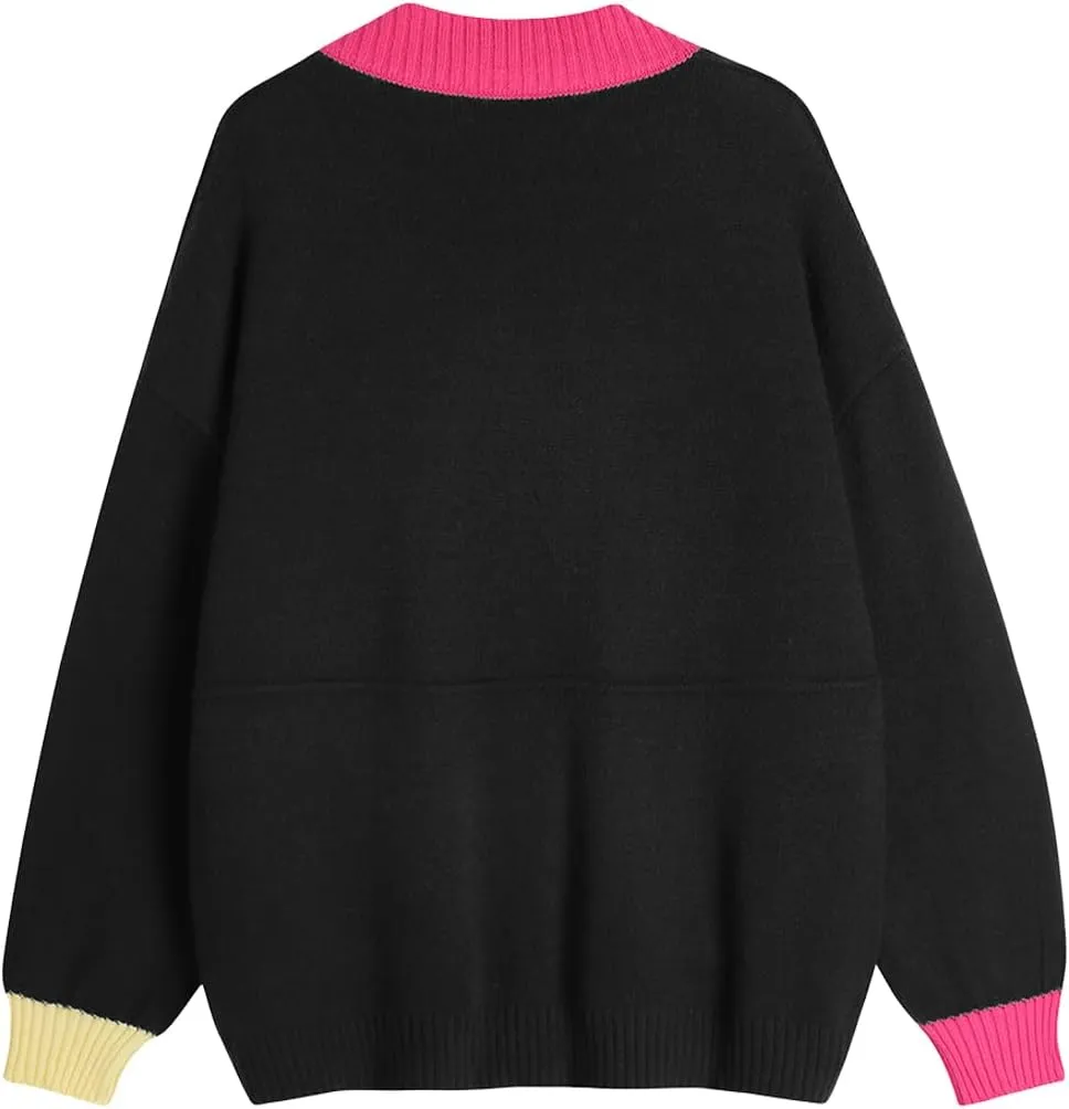 Ckikiou Fall Winter Oversized Long Sleeve Button Color Block Down Chunky Knitted Cardigan Sweater Top for Women