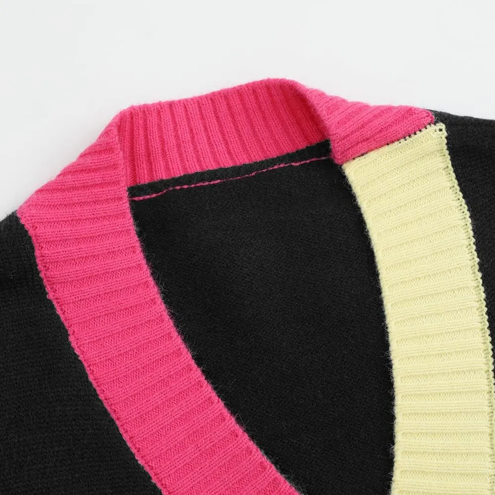 Ckikiou Fall Winter Oversized Long Sleeve Button Color Block Down Chunky Knitted Cardigan Sweater Top for Women
