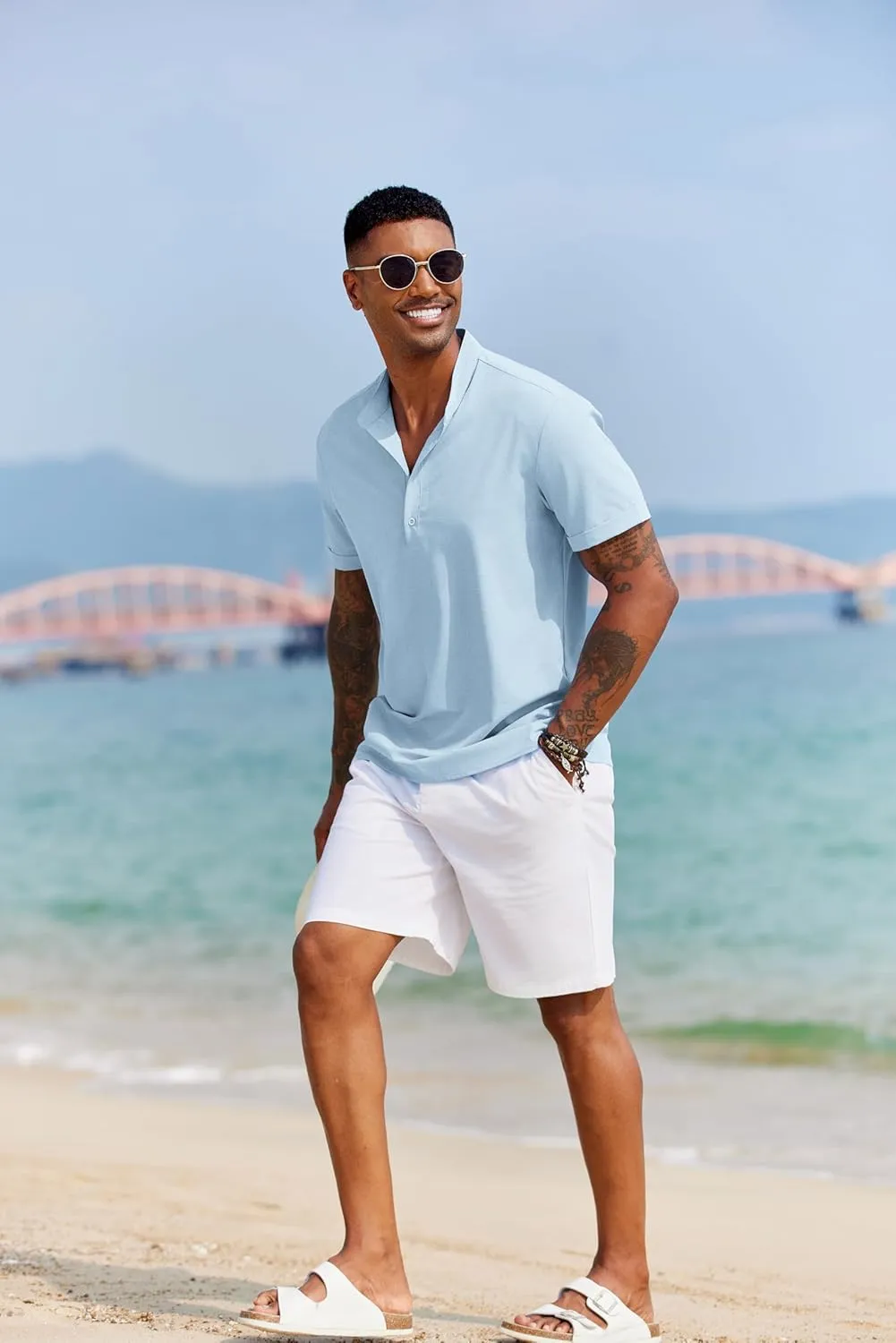 COOFANDY Men's Casual Henley Shirt Short Sleeve Band Collar Shirt Summer Beach Hippie Vacation T Shirt with Button