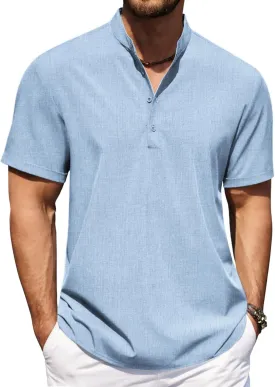 COOFANDY Men's Casual Henley Shirt Short Sleeve Band Collar Shirt Summer Beach Hippie Vacation T Shirt with Button