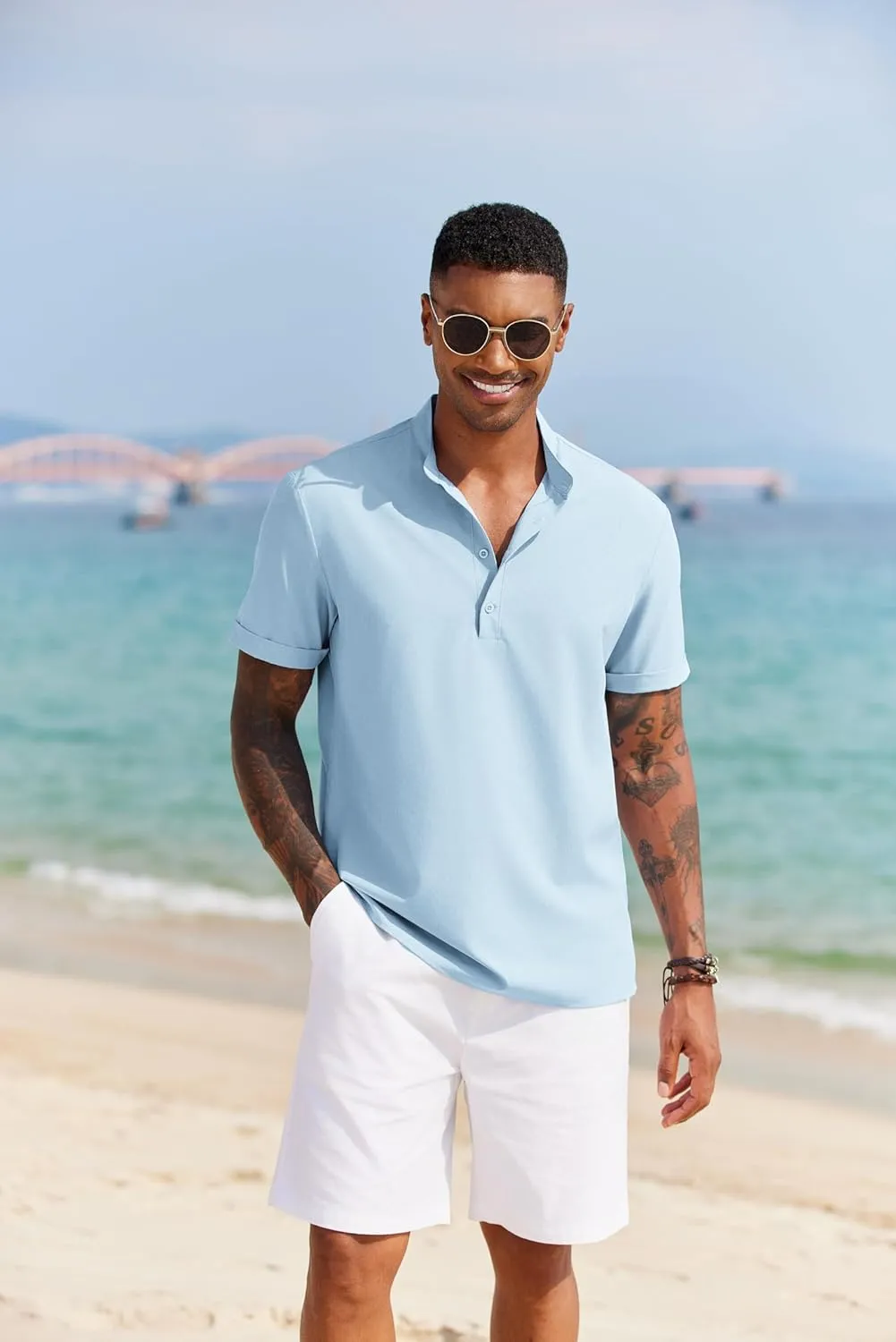 COOFANDY Men's Casual Henley Shirt Short Sleeve Band Collar Shirt Summer Beach Hippie Vacation T Shirt with Button