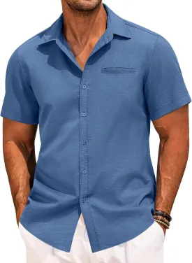COOFANDY Mens Casual Linen Shirt Short Sleeve Button Down Shirt Summer Beach Hawaiian Shirts