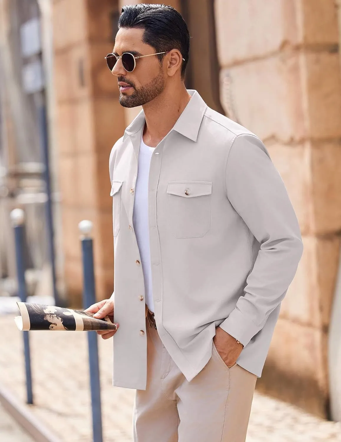 COOFANDY Men's Casual Shirt Jacket Linen Button Down Shirt Long Sleeve Lightweight Shacket with Pockets