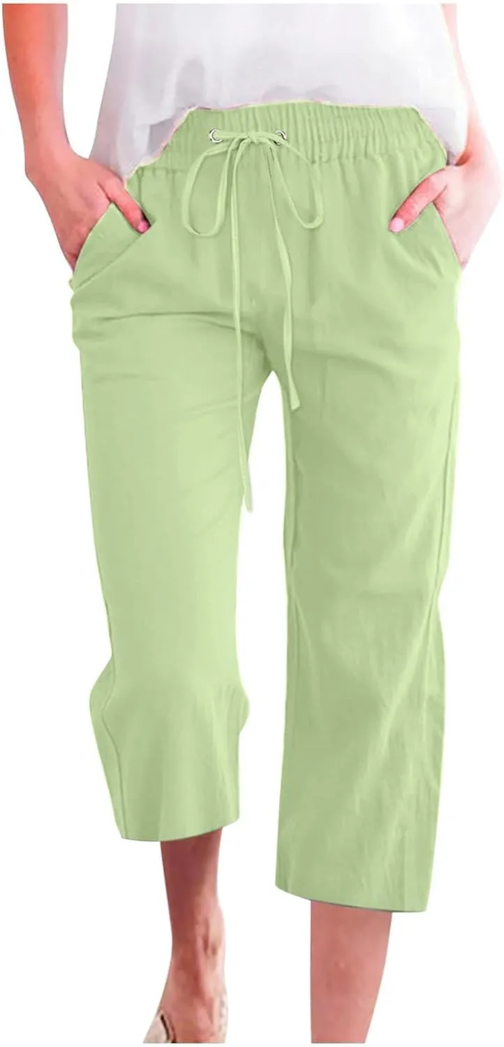 Cotton Linen Pants for Women Casual Baggy Wide Leg Pants Lightweight Drawstring Trousers Lounge Pants with Pockets