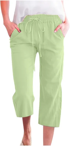 Cotton Linen Pants for Women Casual Baggy Wide Leg Pants Lightweight Drawstring Trousers Lounge Pants with Pockets