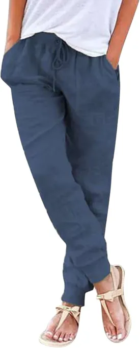 Cotton Linen Tapered Pants for Women Drawstring Elastic Waist Trousers Cinch Bottom Lightweight High Waisted Pants 2025