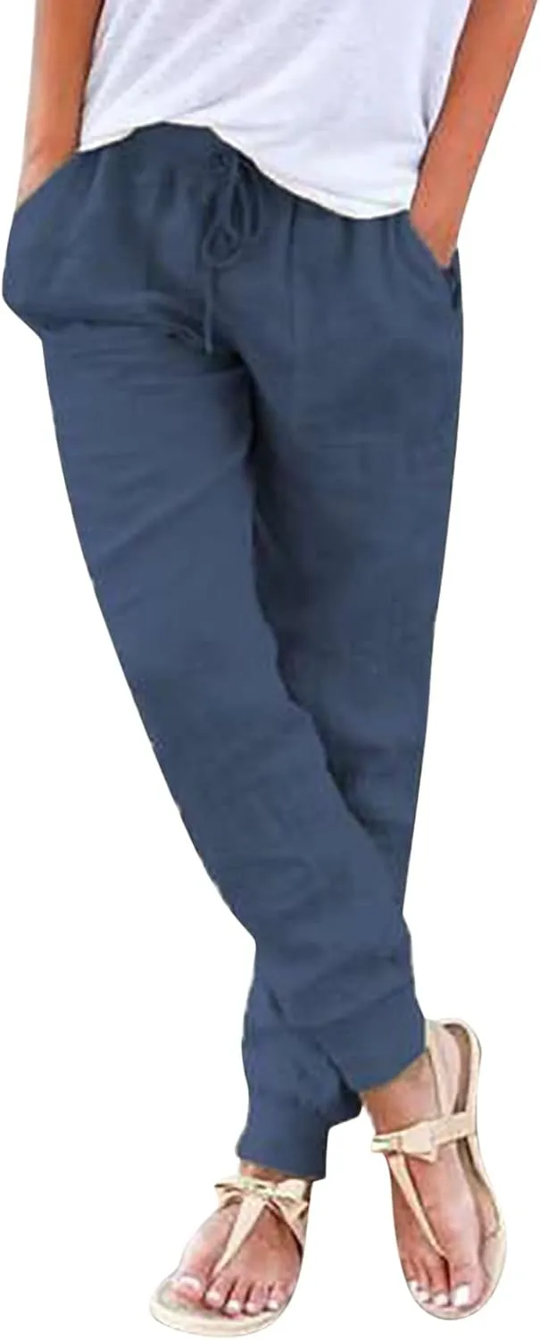 Cotton Linen Tapered Pants for Women Drawstring Elastic Waist Trousers Cinch Bottom Lightweight High Waisted Pants 2025