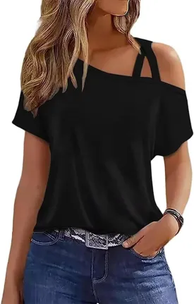 Criss-Cross Cold Shoulder Tops Shirt Women Sexy One Sided Shoulder Blouse Tee Casual Loose Vacation Tunics Top