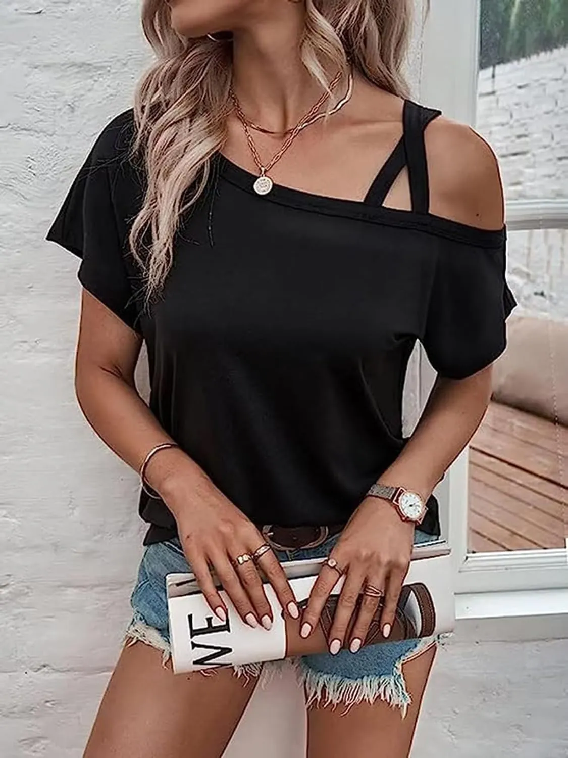 Criss-Cross Cold Shoulder Tops Shirt Women Sexy One Sided Shoulder Blouse Tee Casual Loose Vacation Tunics Top