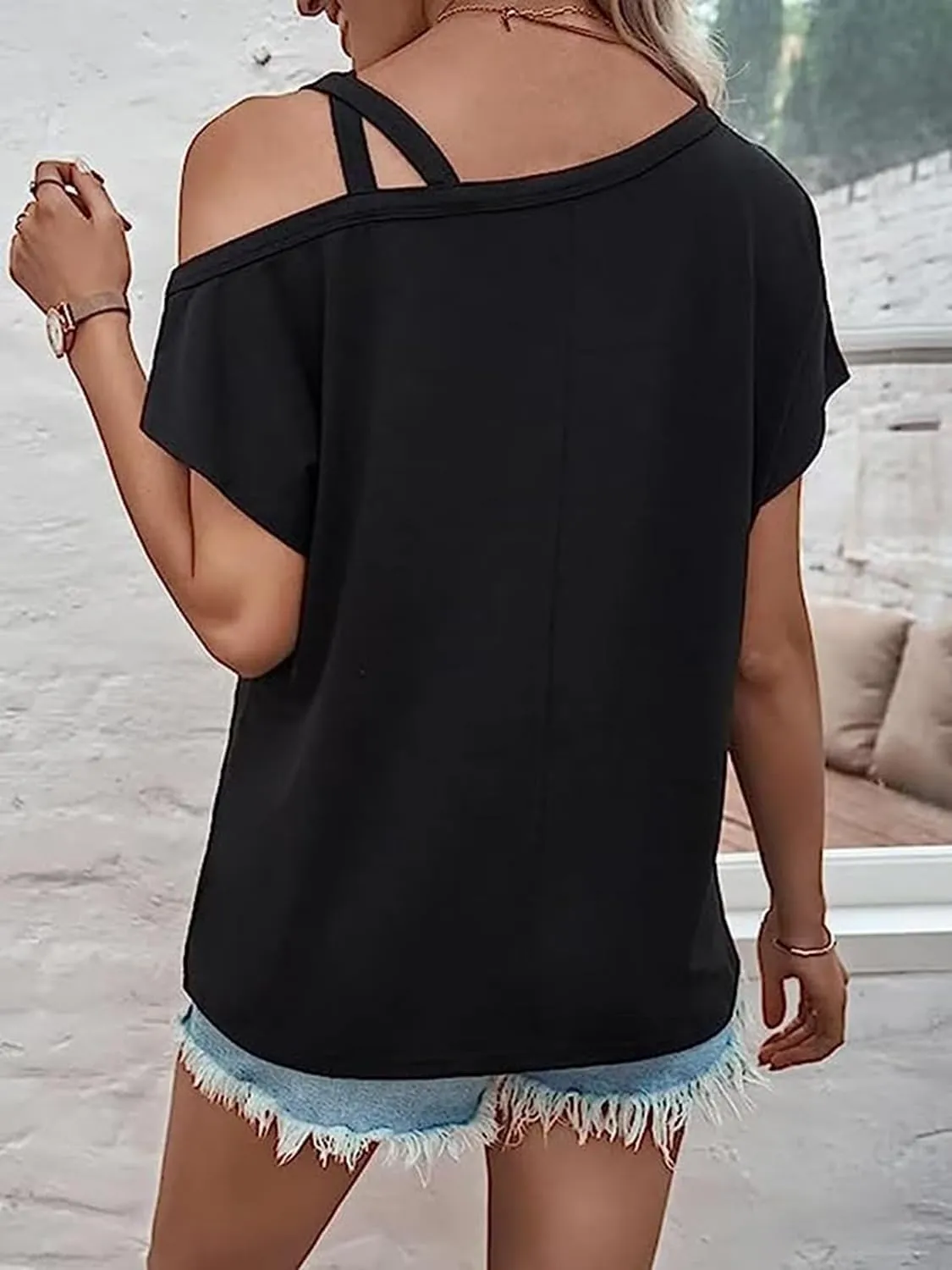 Criss-Cross Cold Shoulder Tops Shirt Women Sexy One Sided Shoulder Blouse Tee Casual Loose Vacation Tunics Top