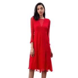 D270 Women silk crinkle chiffon three-quarter sleeves flared midi party dress