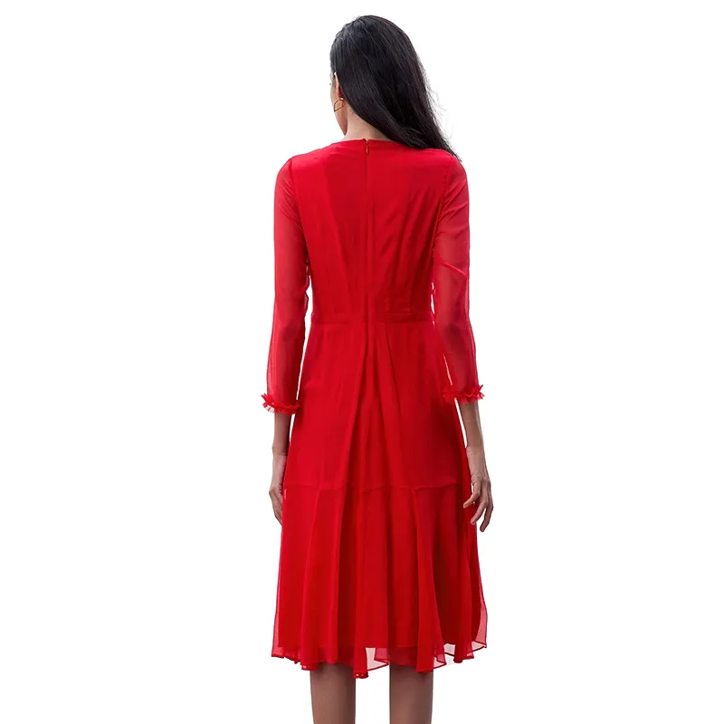 D270 Women silk crinkle chiffon three-quarter sleeves flared midi party dress