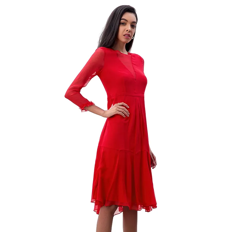 D270 Women silk crinkle chiffon three-quarter sleeves flared midi party dress