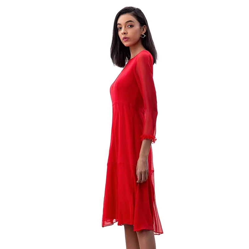 D270 Women silk crinkle chiffon three-quarter sleeves flared midi party dress