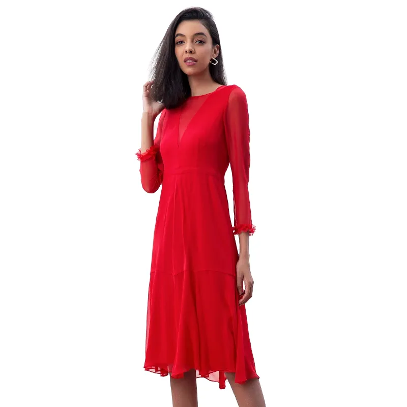 D270 Women silk crinkle chiffon three-quarter sleeves flared midi party dress