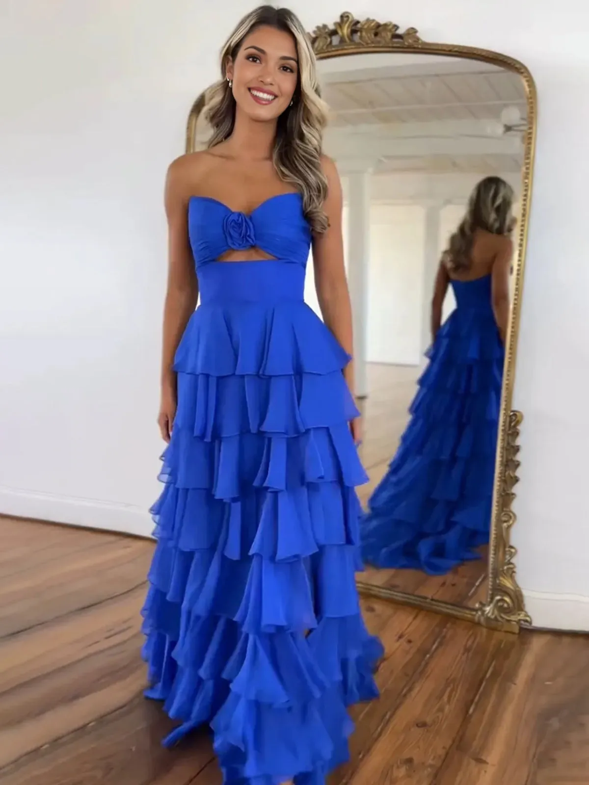 Darlin | A-Line Strapless V-Neck Layered Chiffon Sleeveless Formal Prom Dress