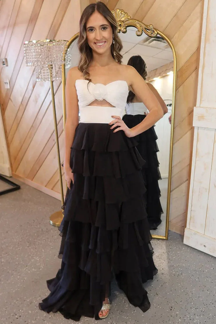 Darlin | A-Line Strapless V-Neck Layered Chiffon Sleeveless Formal Prom Dress