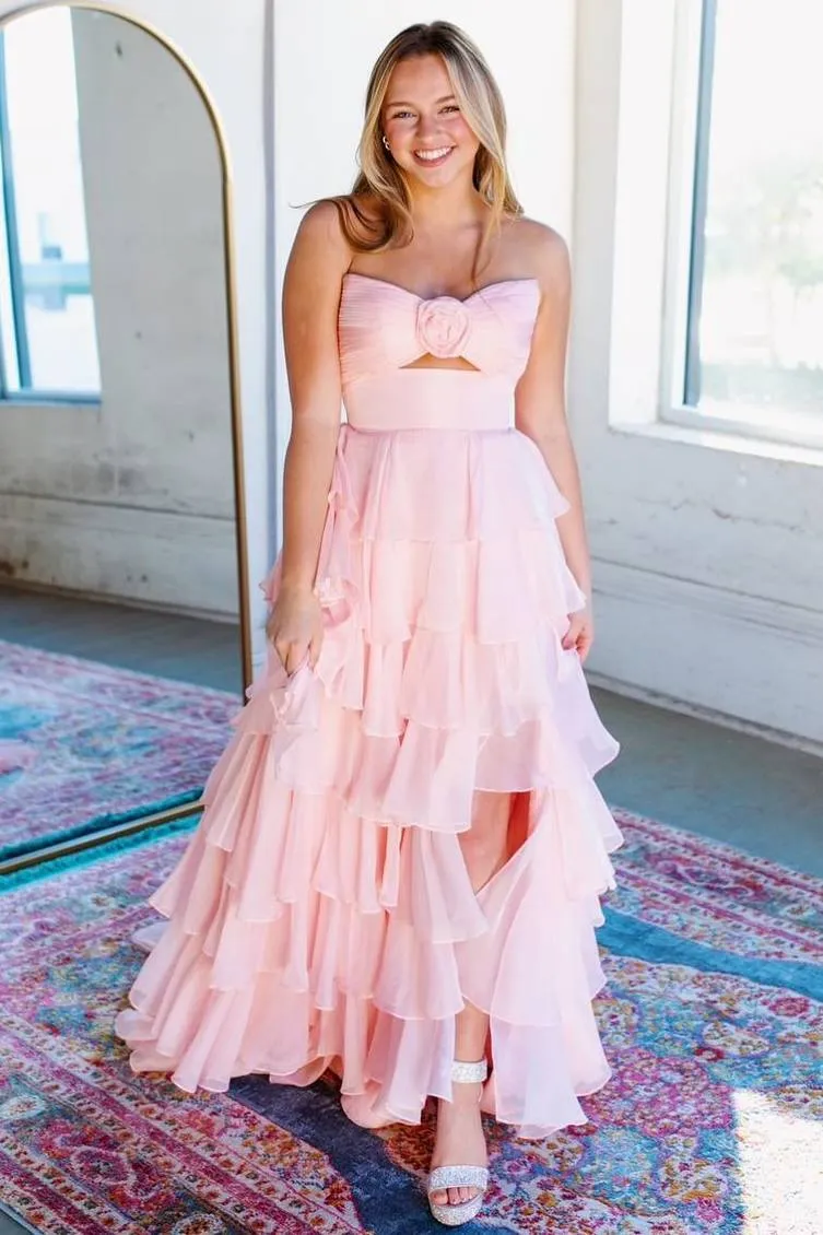 Darlin | A-Line Strapless V-Neck Layered Chiffon Sleeveless Formal Prom Dress