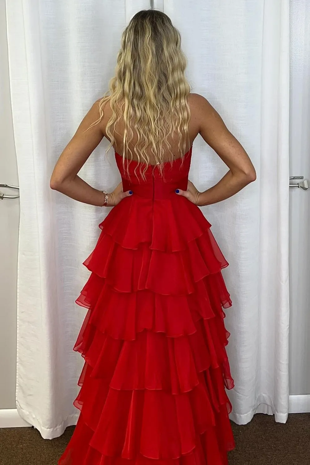 Darlin | A-Line Strapless V-Neck Layered Chiffon Sleeveless Formal Prom Dress
