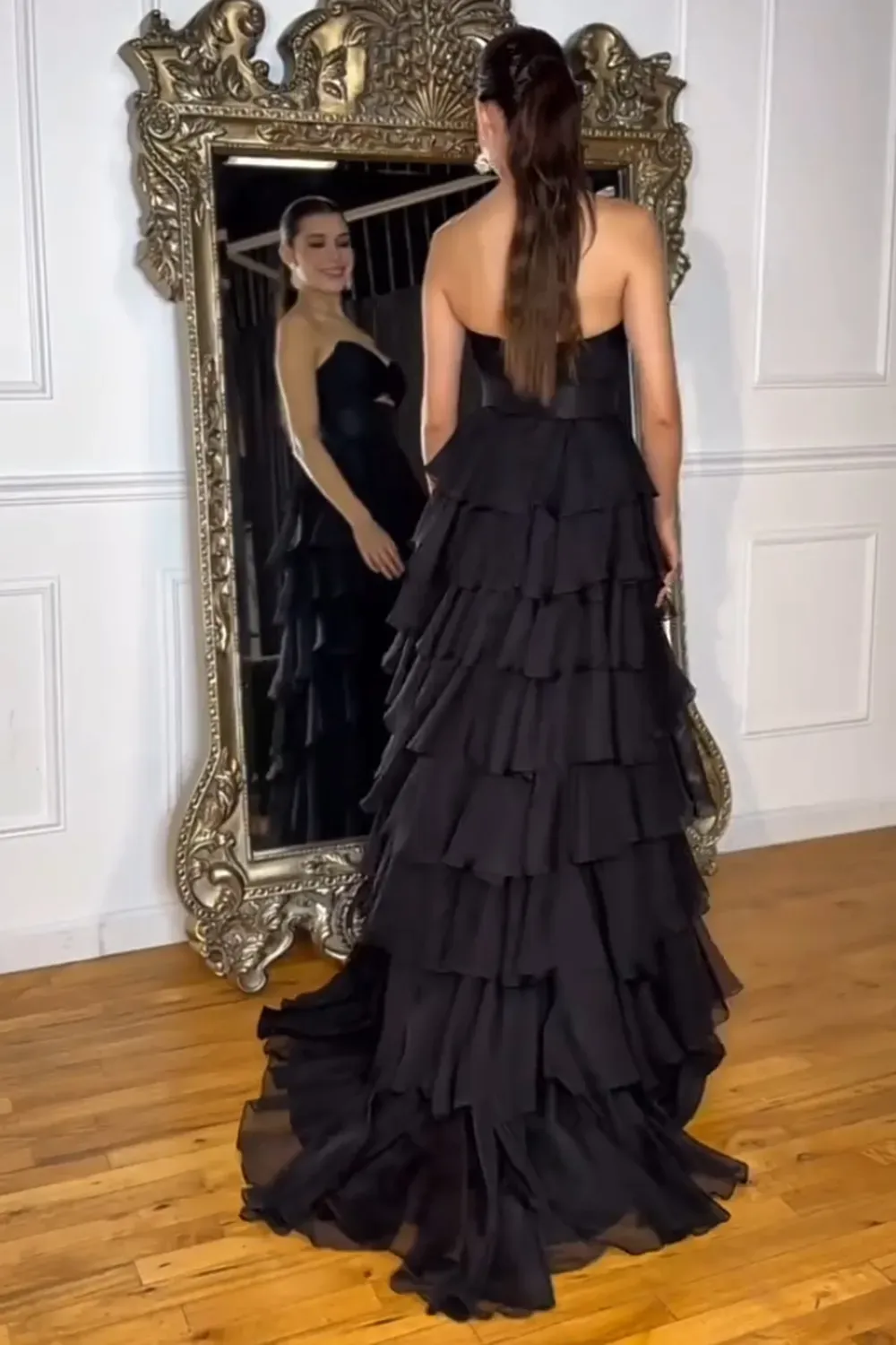 Darlin | A-Line Strapless V-Neck Layered Chiffon Sleeveless Formal Prom Dress