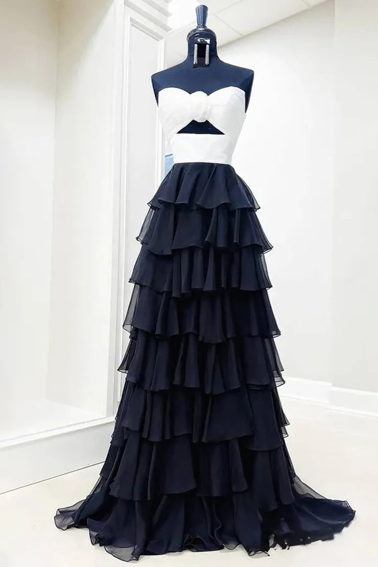 Darlin | A-Line Strapless V-Neck Layered Chiffon Sleeveless Formal Prom Dress