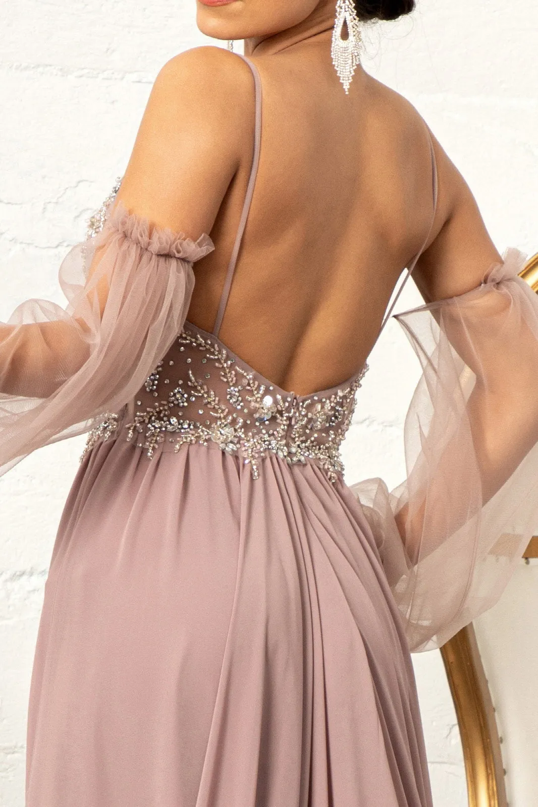 Detachable Mesh Sleeve V-Neck Chiffon Prom Dress GLGL3005