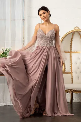Detachable Mesh Sleeve V-Neck Chiffon Prom Dress GLGL3005