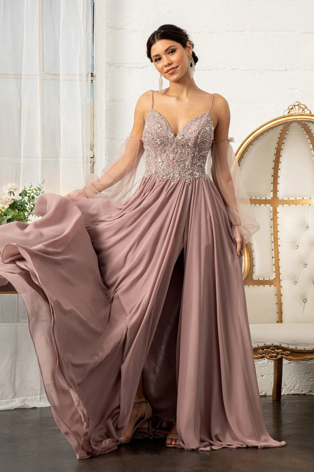 Detachable Mesh Sleeve V-Neck Chiffon Prom Dress GLGL3005