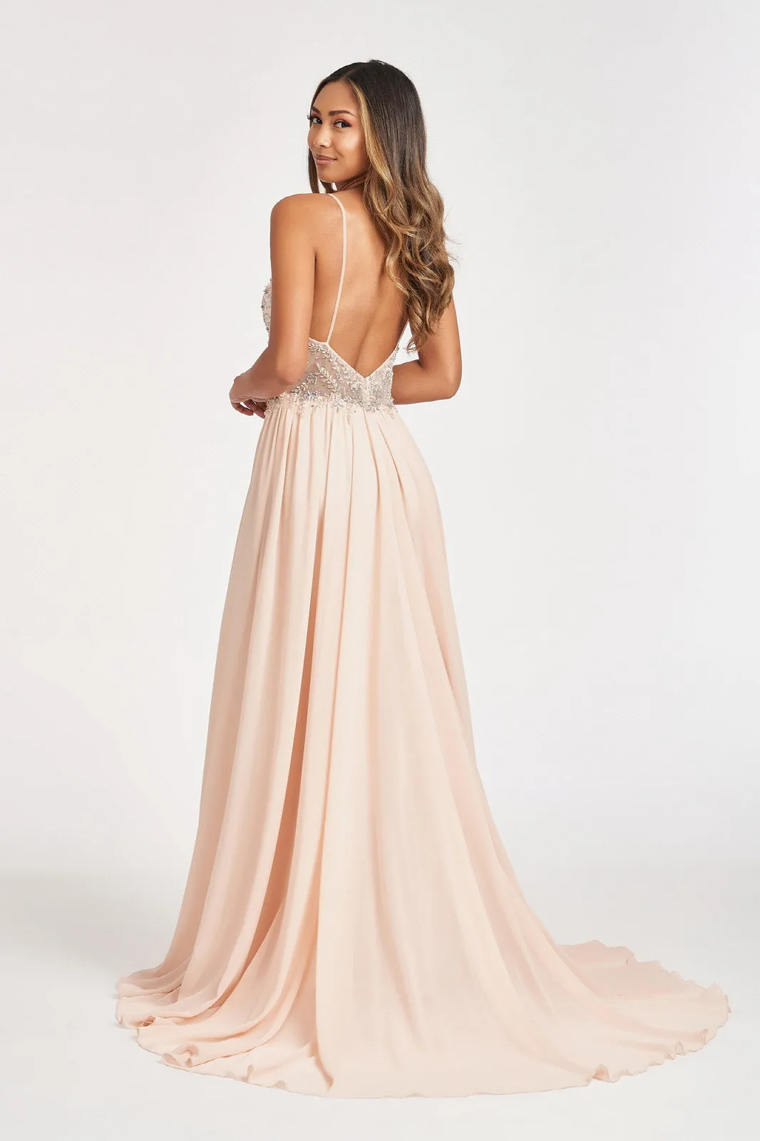Detachable Mesh Sleeve V-Neck Chiffon Prom Dress GLGL3005
