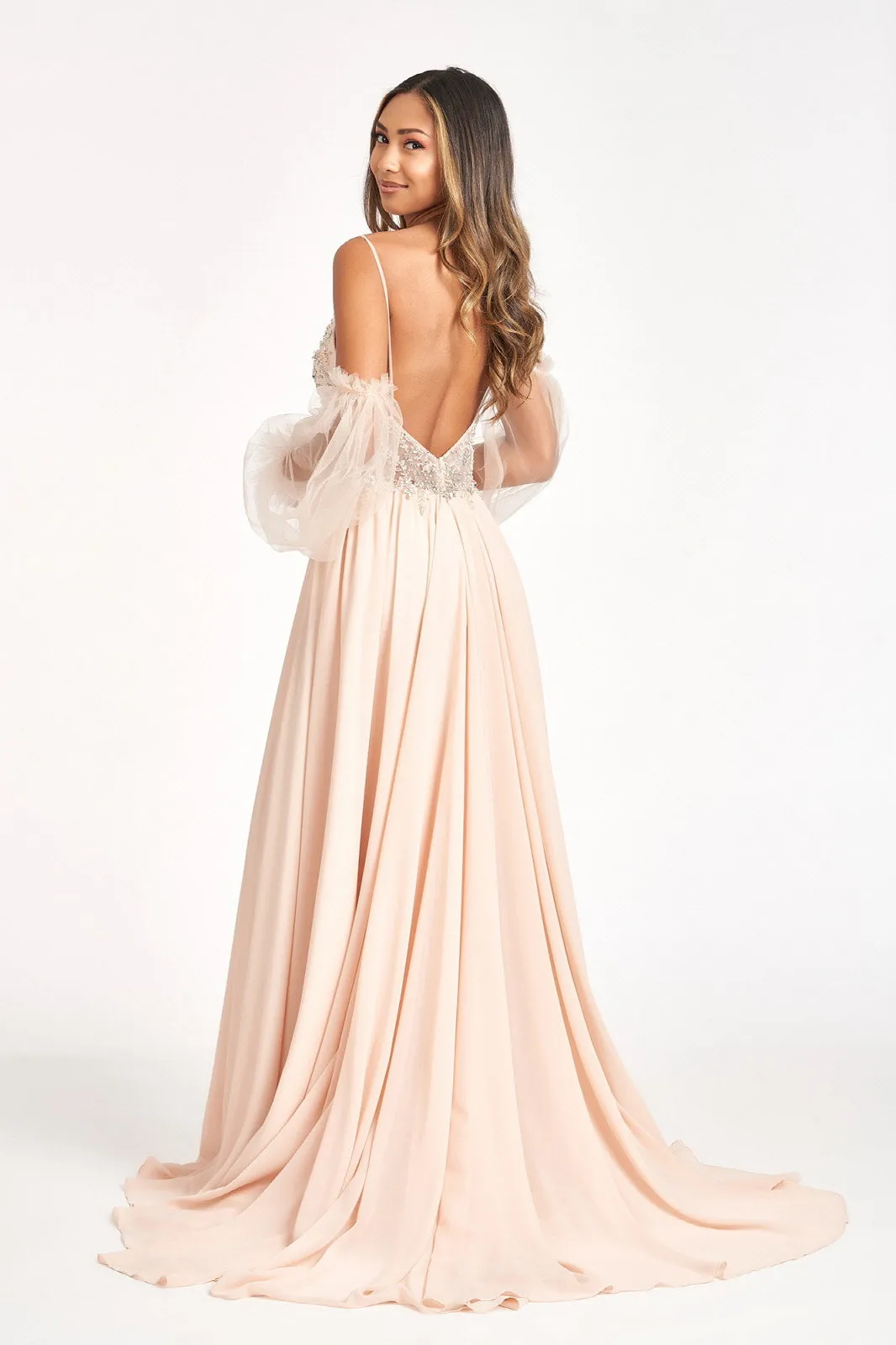 Detachable Mesh Sleeve V-Neck Chiffon Prom Dress GLGL3005