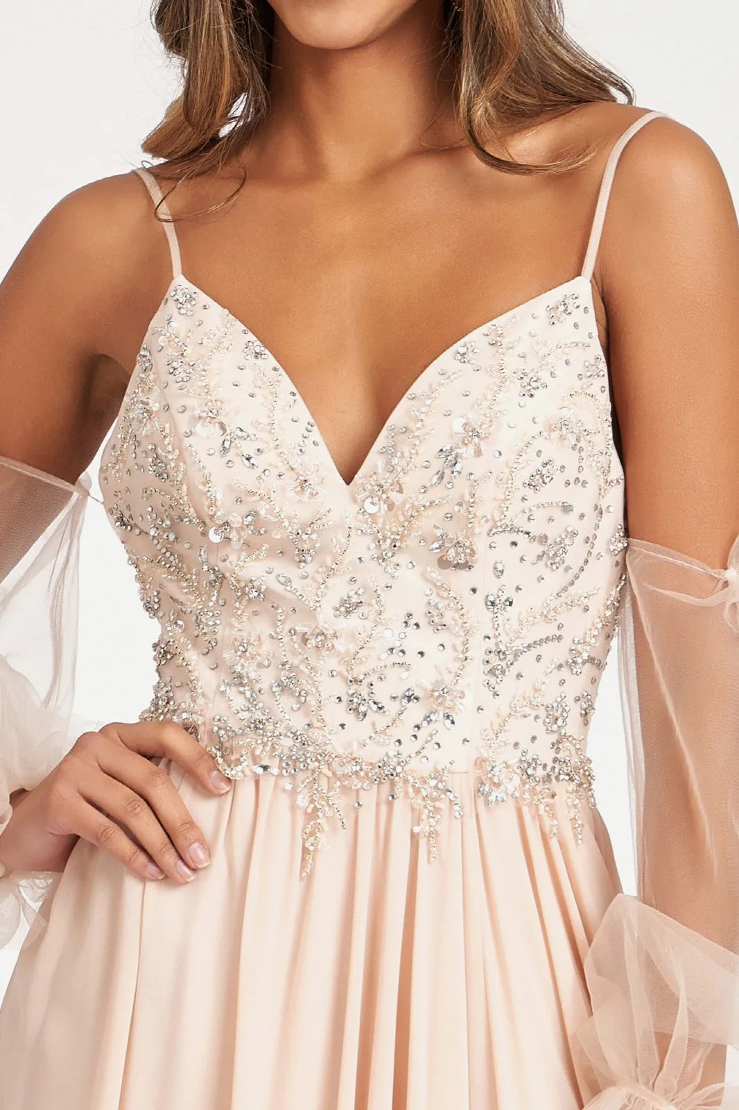 Detachable Mesh Sleeve V-Neck Chiffon Prom Dress GLGL3005
