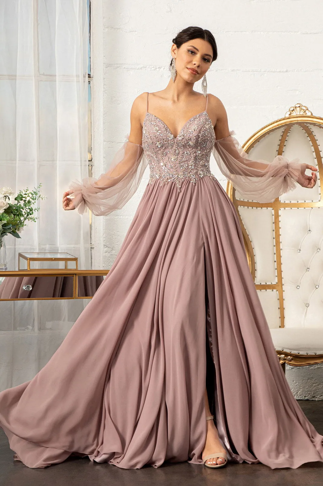 Detachable Mesh Sleeve V-Neck Chiffon Prom Dress GLGL3005