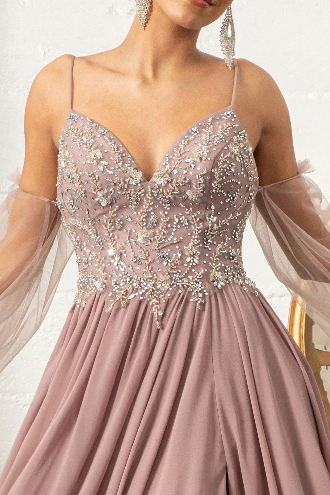 Detachable Mesh Sleeve V-Neck Chiffon Prom Dress GLGL3005