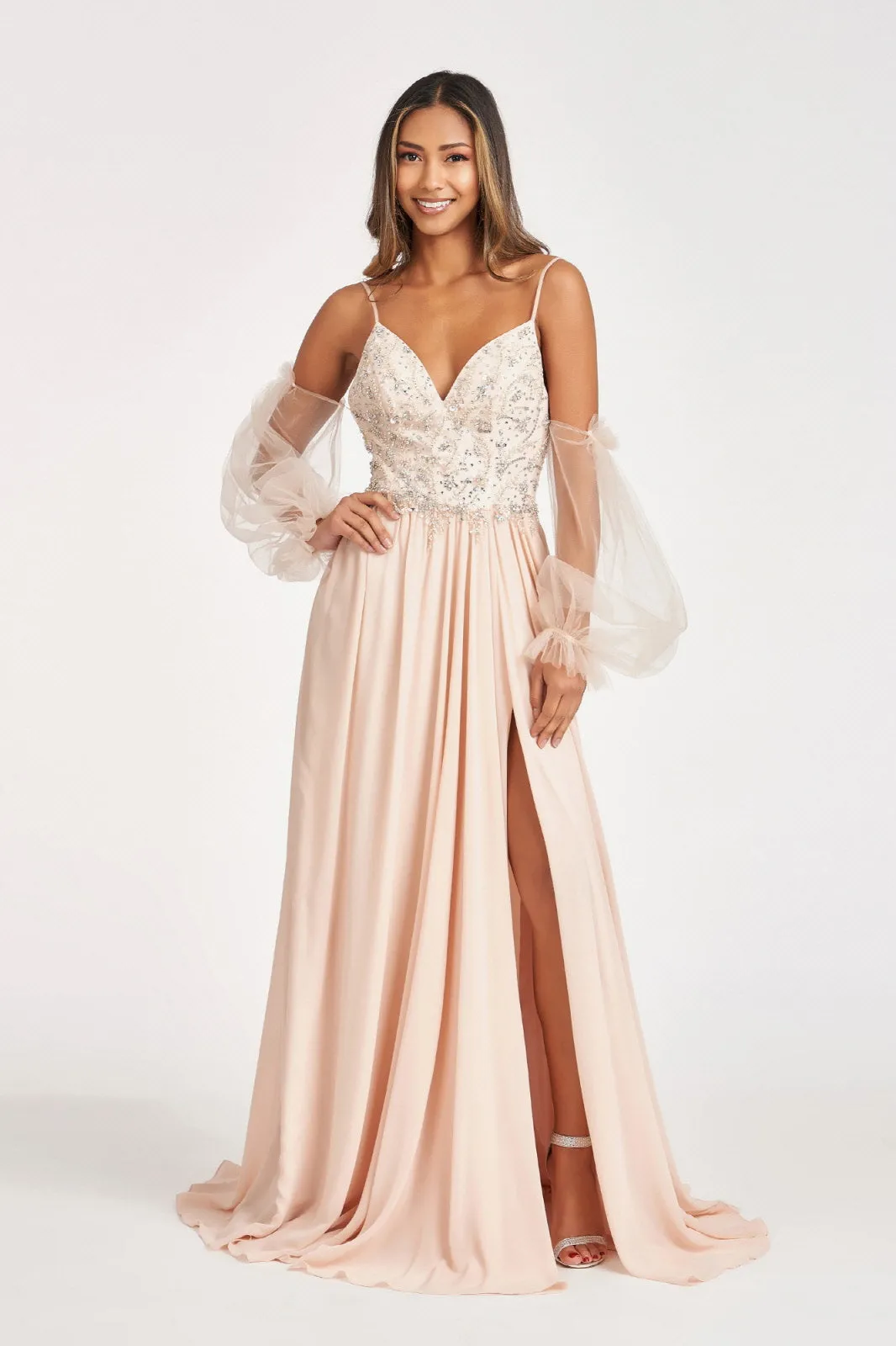 Detachable Mesh Sleeve V-Neck Chiffon Prom Dress GLGL3005