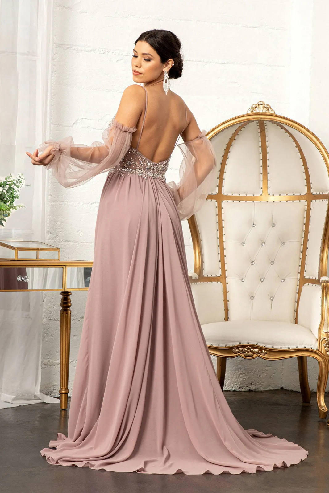 Detachable Mesh Sleeve V-Neck Chiffon Prom Dress GLGL3005