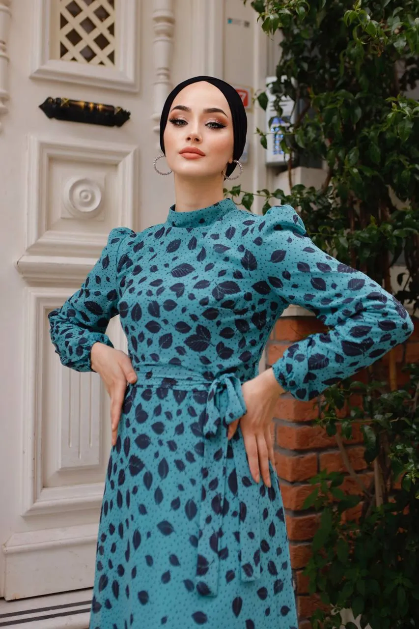 DMN Chiffon Dotted Leaf Patterned Maxi Dress