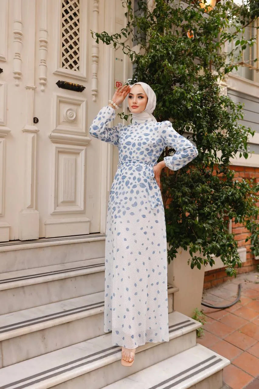 DMN Chiffon Dotted Leaf Patterned Maxi Dress