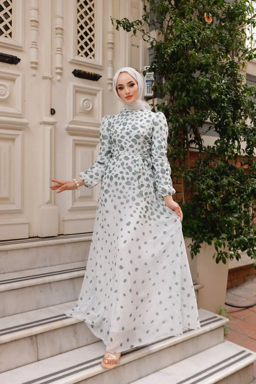 DMN Chiffon Dotted Leaf Patterned Maxi Dress