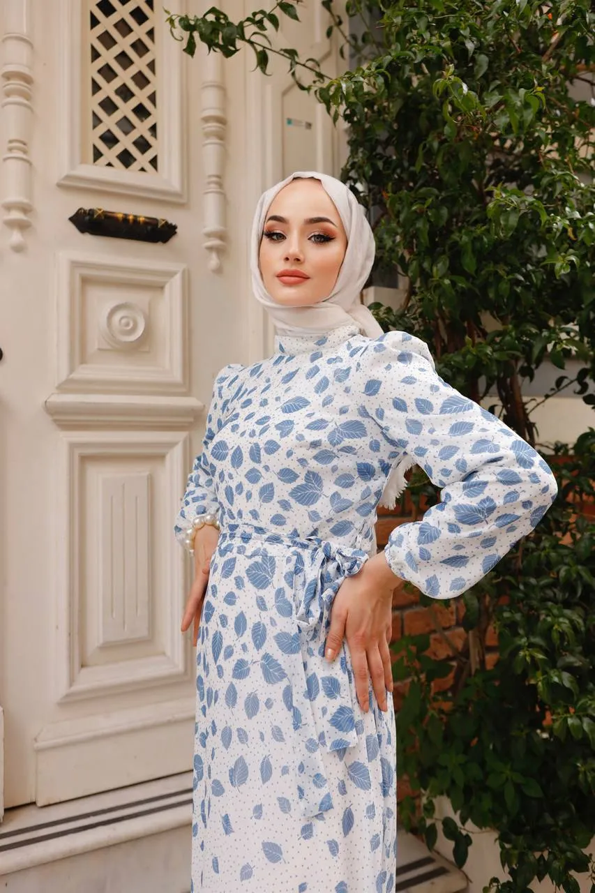 DMN Chiffon Dotted Leaf Patterned Maxi Dress