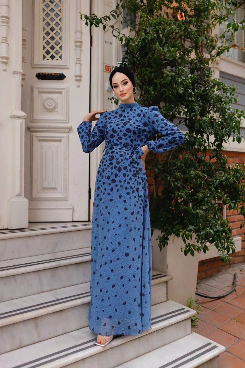 DMN Chiffon Dotted Leaf Patterned Maxi Dress