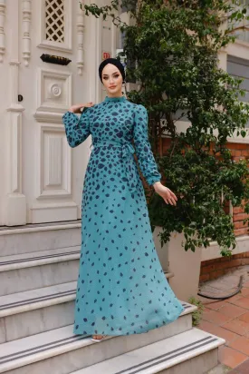 DMN Chiffon Dotted Leaf Patterned Maxi Dress