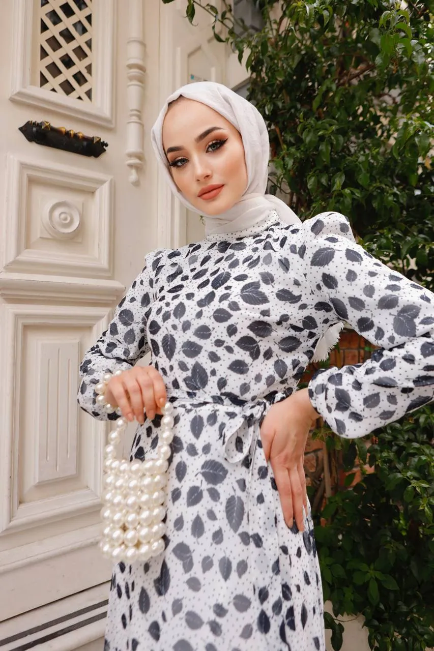 DMN Chiffon Dotted Leaf Patterned Maxi Dress